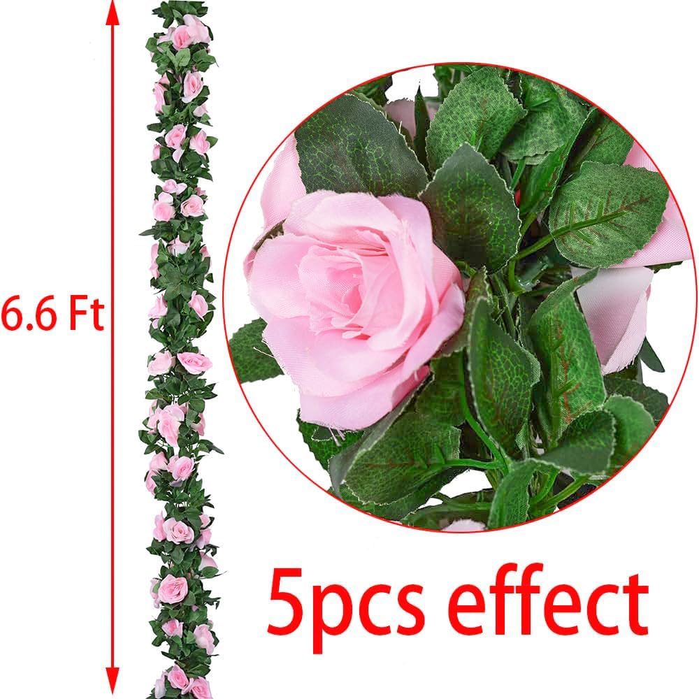 5pack Flower Garland Artificial Fake Rose Garland Vine Artificial Flowers for Decoration Floral Garlands Decor-Total 41 Ft (Pink)