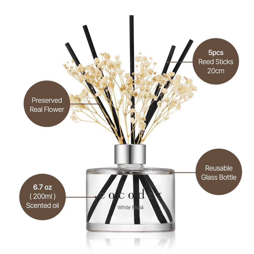 COCODOR Flower Reed Diffuser Set / 6.7oz / Lovely Peony/Scent Diffuser with Sticks Home Fragrance Reed Diffuser for Bathroom Shelf Decor