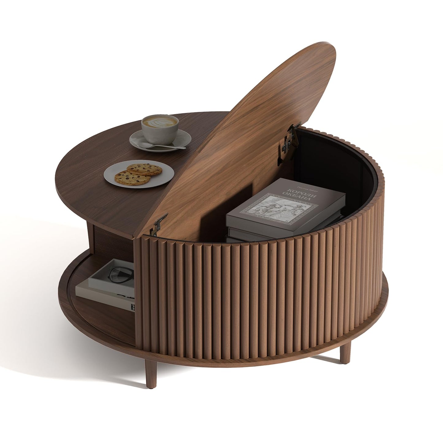 JOINICE,Round Coffee Table with Storage,Fluted Center Table with Sliding Cabinet Door for Living Room,Home Small Space,31.5" Small Center Table,Walnut