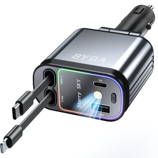 4 in 1 Retractable USB C Car Charger,69W with Starry Light,Fast Charging for iPhone 16/15/14/13/12,iPad,Android,Galaxy,Pixel,Cigarette Lighter Adapter (Lightning+USB-C)