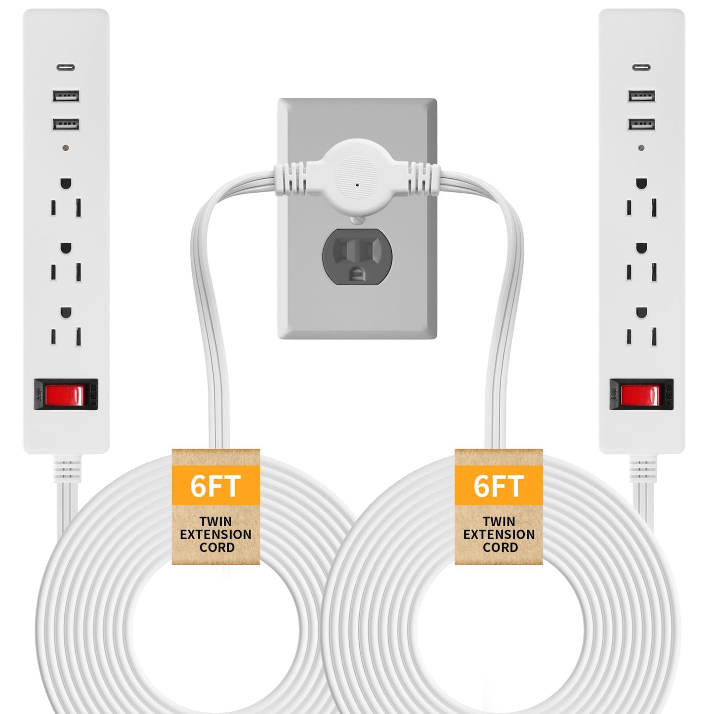 Makevivi Twin Extension Cord - 12 FT Split Extension Cord, 6 Outlets and 6 USB Ports - Double Power Strip, 3 Prong and Flat Plug, for Behind Bed, Couch, Nightstands, Vanity, Furniture