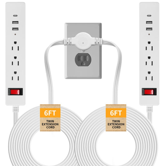 Makevivi Twin Extension Cord - 12 FT Split Extension Cord, 6 Outlets and 6 USB Ports - Double Power Strip, 3 Prong and Flat Plug, for Behind Bed, Couch, Nightstands, Vanity, Furniture