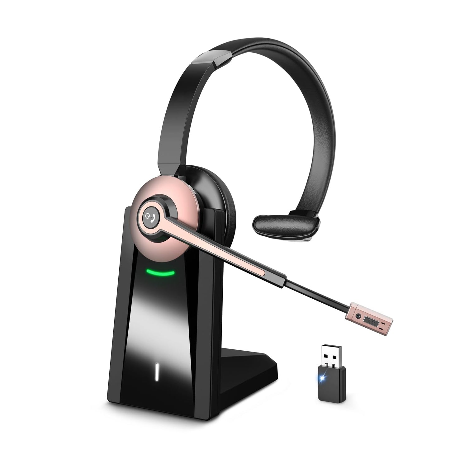 Wireless Headset with Mic for Work, Bluetooth Headset with Microphone Noise Cancelling & Mic Mute, Wireless Headphones with USB Dongle & Charging Base for Work/ Home/Computer/Call Center/Office/Zoom