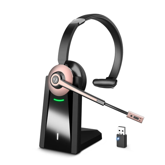 Wireless Headset with Mic for Work, Bluetooth Headset with Microphone Noise Cancelling & Mic Mute, Wireless Headphones with USB Dongle & Charging Base for Work/ Home/Computer/Call Center/Office/Zoom