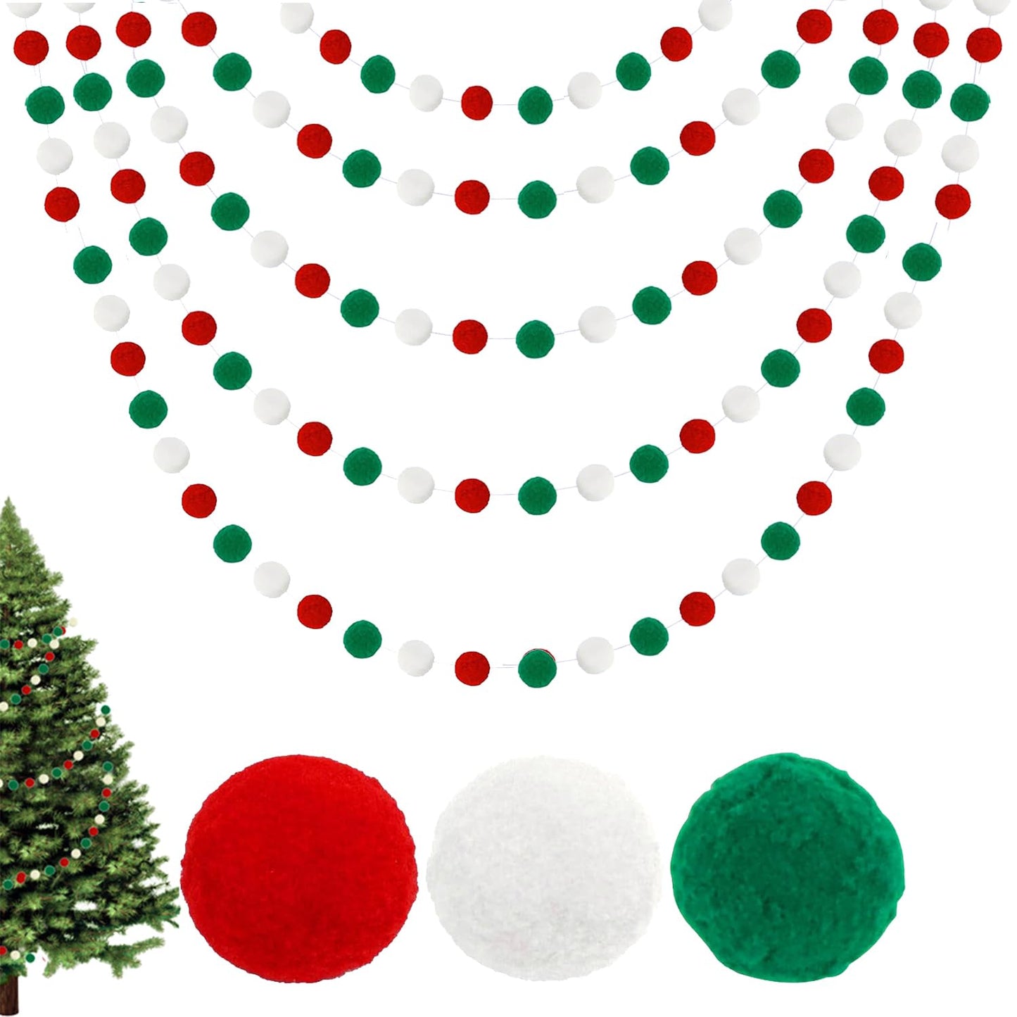 3PK Christmas Pom Pom Garland Christmas Decorations for Tree Indoor Home Room Decor Cute Hanging Felt Ball Red White Green Pompom Bead Ornament String Banner Garland Xmas Birthday Party Supplies