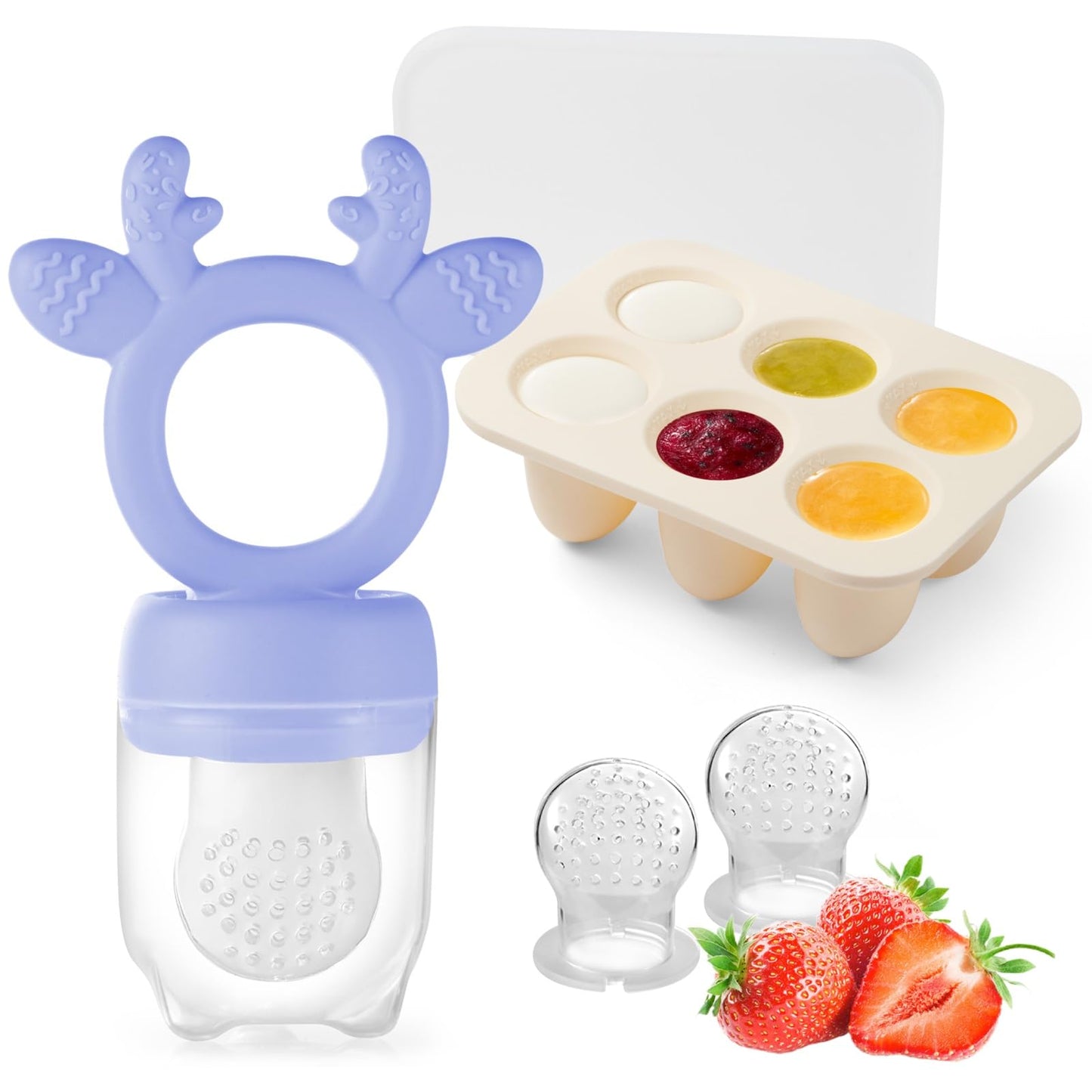 Baby Fruit Food Feeder with Popsicle Mold, Cute Teething Toys Silicone Teethers for Babies 3-12 Months for Baby Feeding Gift