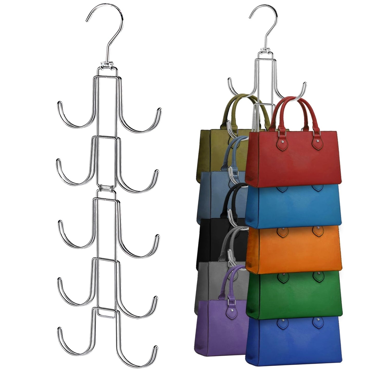 Purse Hanger for Closet, Collapsible Metal Purse Organizer with 20 Big Hooks(2 Pack), 360° Rotation for Better Organizer&Display, Foldable Bag Hangers Space Saving for Handbag, Belt, Scarve, Tie
