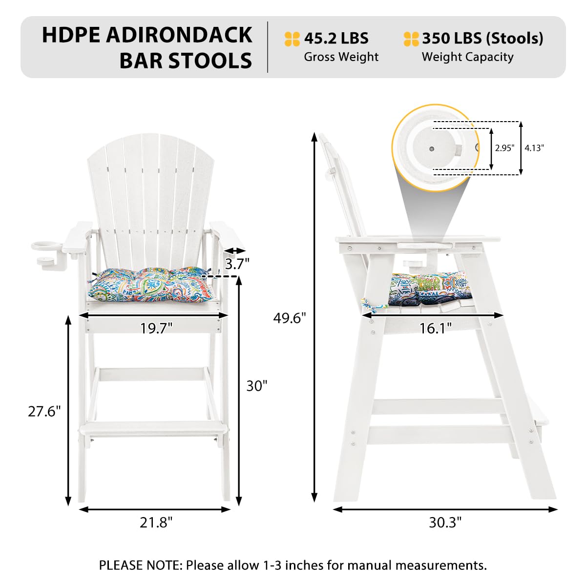 Sundale Outdoor Tall Adirondack Chairs Set of 2, 30 Inch Seat Height Patio Adirondack Bar Stools, HDPE Pub Chairs with Backrest, Tall Bistro Dining Counter Stool with Cushion, All-Weather, White