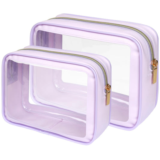 PACKISM TSA Approved Toiletry Bag - Upgrade Color-Edged Clear Makeup Bag, Unique Appearance, 2 Pack Hold Lots of Items, Reusable Clear Toiletry Bags for Travel Essentials, Purple (2 Sizes)