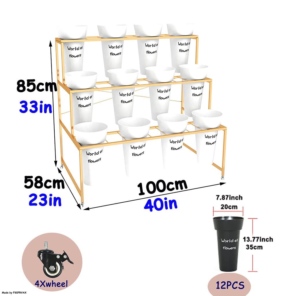 FKKPRVAX Flower Display Stand with 12pcs Bucket,Heavy Duty Plant Stand with Wheels,33in Tall Flower Cart 3 Tier Flower Shelf for Florist Garden Patio (Gold+White Pot)