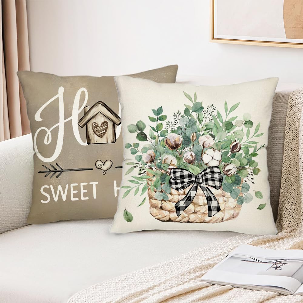 wyooxoo Throw Pillow Covers 18x18 Set of 4 Farmhouse Pillow Covers Home Sweet Home Cushion Cases for Sofa Couch Living Room Outdoor Home Decor