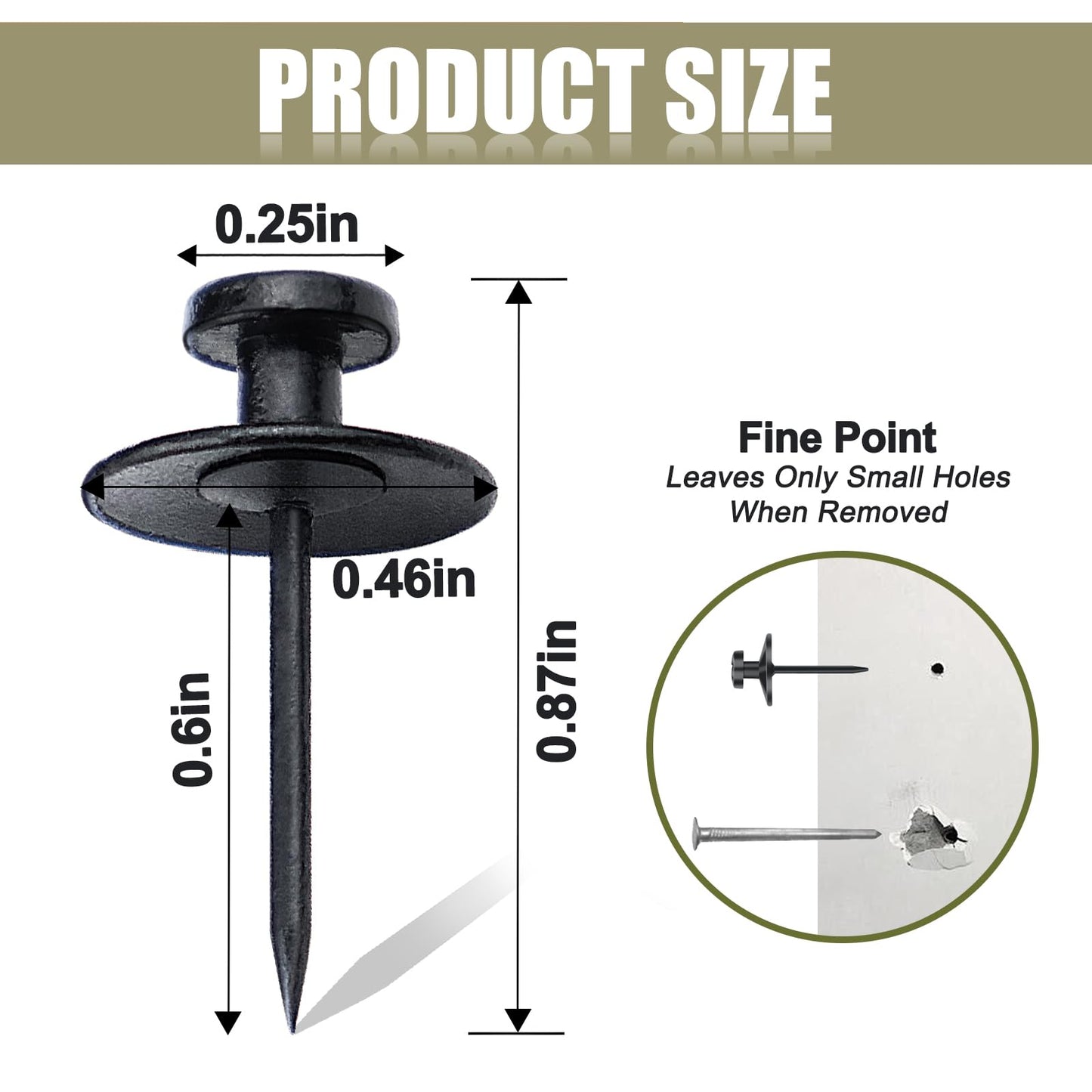 30 Pack Double Headed Picture Hanging Nails, Thumb Tacks, Push Pins for Wall Hangings, Wall Hooks for Home Office Photo Decor, Black