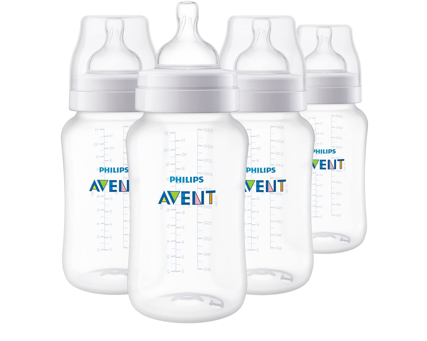 Philips Avent Anti-Colic Baby Bottle with AirFree Vent, 9oz, with Flow 2 Nipples, 1m+, 4pk, Clear, SCY703/04