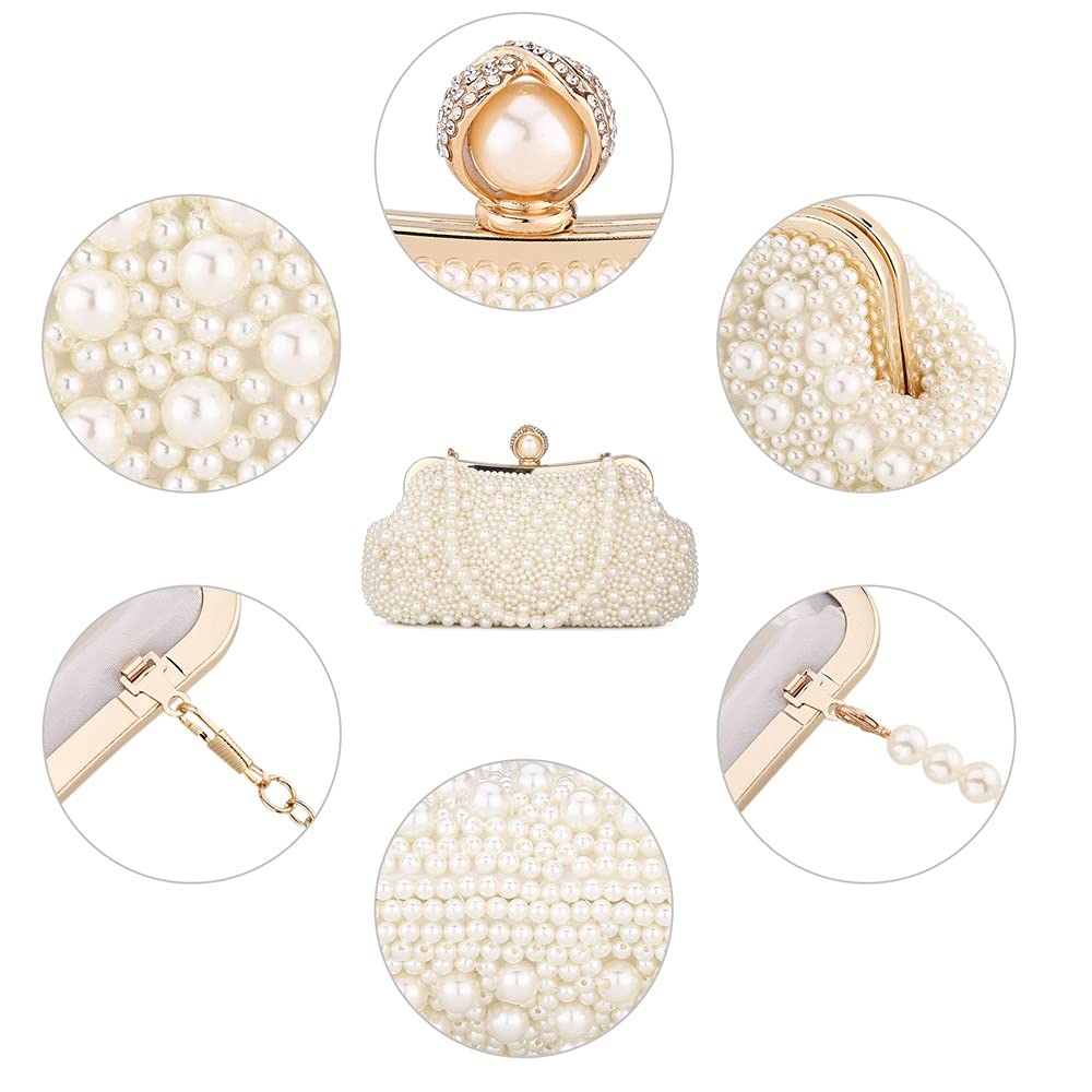 UBORSE Women Pearl Clutch Bead Rhinestone Evening Clutch Bag with removable Pearl Chain Ivory White