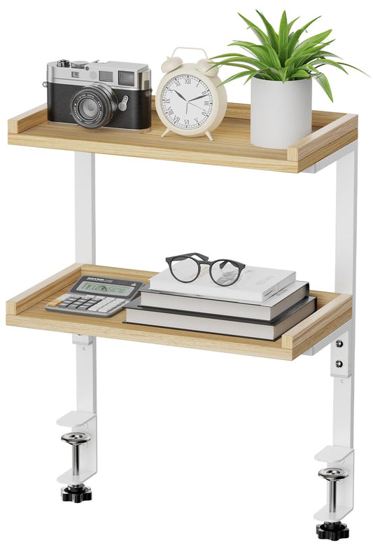 Clamp On Desk Shelf 2-Tier, Wood Shelving Unit for Office Desk/Gaming Accessories, Tabletop Book Storage Rack, Shelf for Top of Desk, Brown