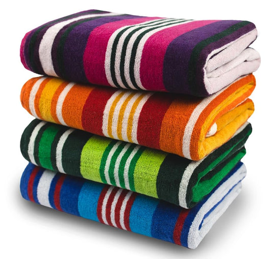 Kaufman - 100% Cotton Multicolored Striped Beach Towels | Absorbent, Quick Drying, Oversized (34 x 64) Lightweight, Durable - Pool, Camping & Picnics (Red, Green, Orange, Blue)