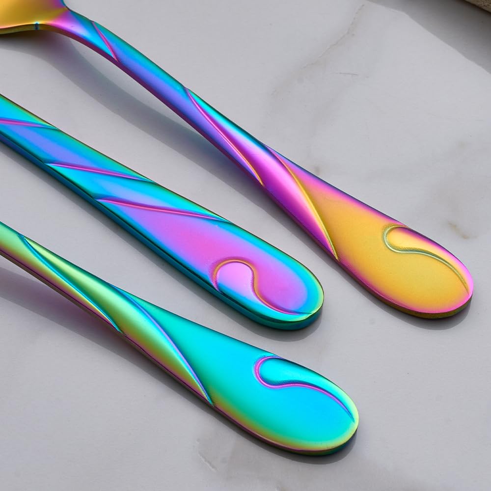 Seeshine Rainbow Silverware Set for 12, 60-Piece Stainless Steel Flatware Set, Shiny Rainbow Metal Cutlery Set, Include Fork, Knife and Spoon Set, Dishwasher Safe