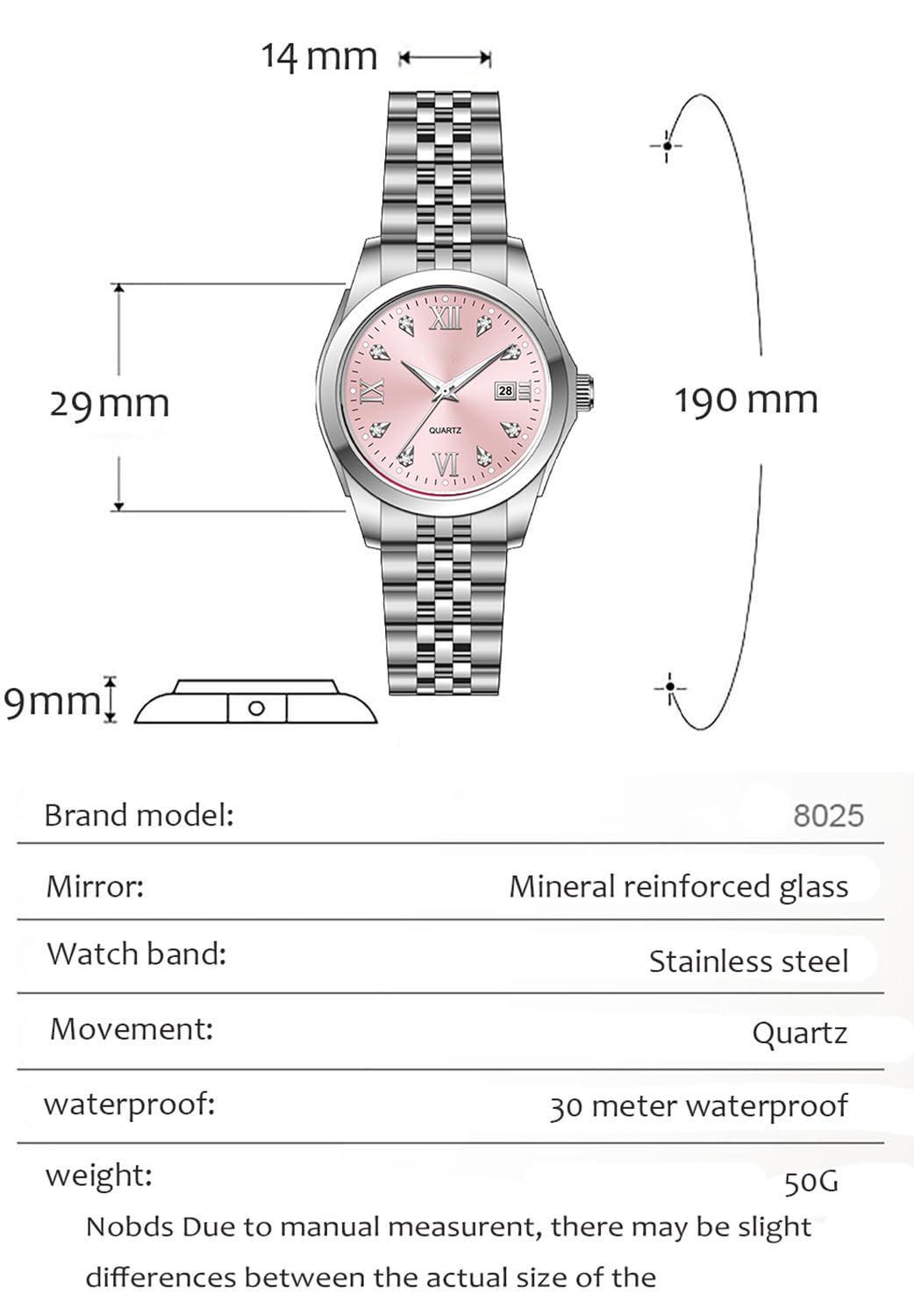 BESTKANG Women's Bracelet Watch Stainless Steel Quartz Watch Luminous Waterproof Watch Business Watches for Women (Pink)