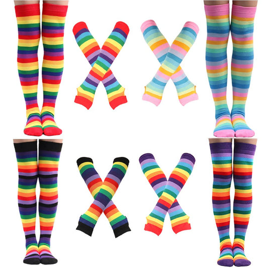 2/4 Sets Womens Striped Knee High Socks Long Knitted Arm Warmers Fingerless Gloves for Halloween Costume