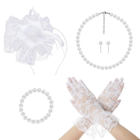 Fumwase 5Pcs Tea Party Fascinators Hat with Lace Gloves Pearl Necklace Earring Bracelet Tea Party Favors Kit