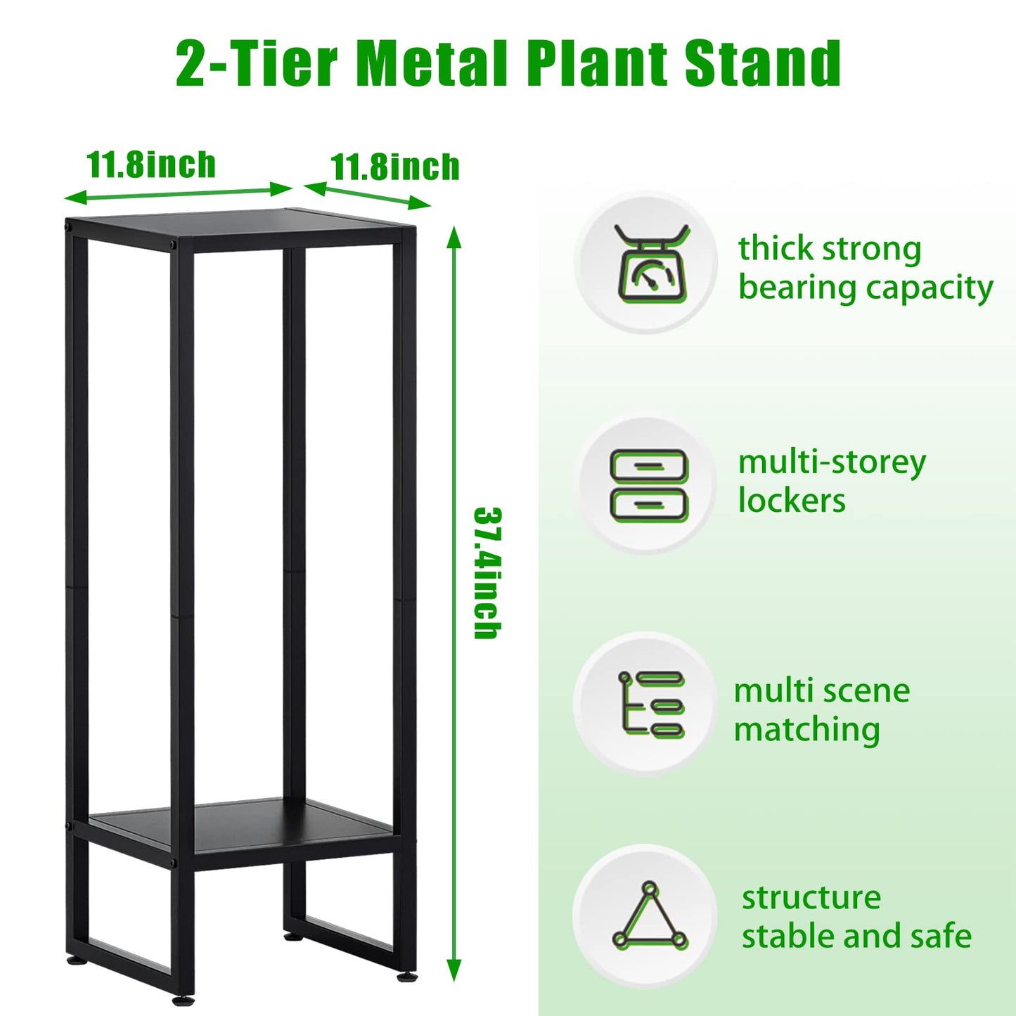 37.4" Tall Plant Stands Indoor, Plant Stand indoor Tall ,Plant Pedestal stand,Black Metal Plant Stands Indoor, 2- Tier Modern Corner Plant Stand Rack Shelves , Square Plant Tables for Corner Living