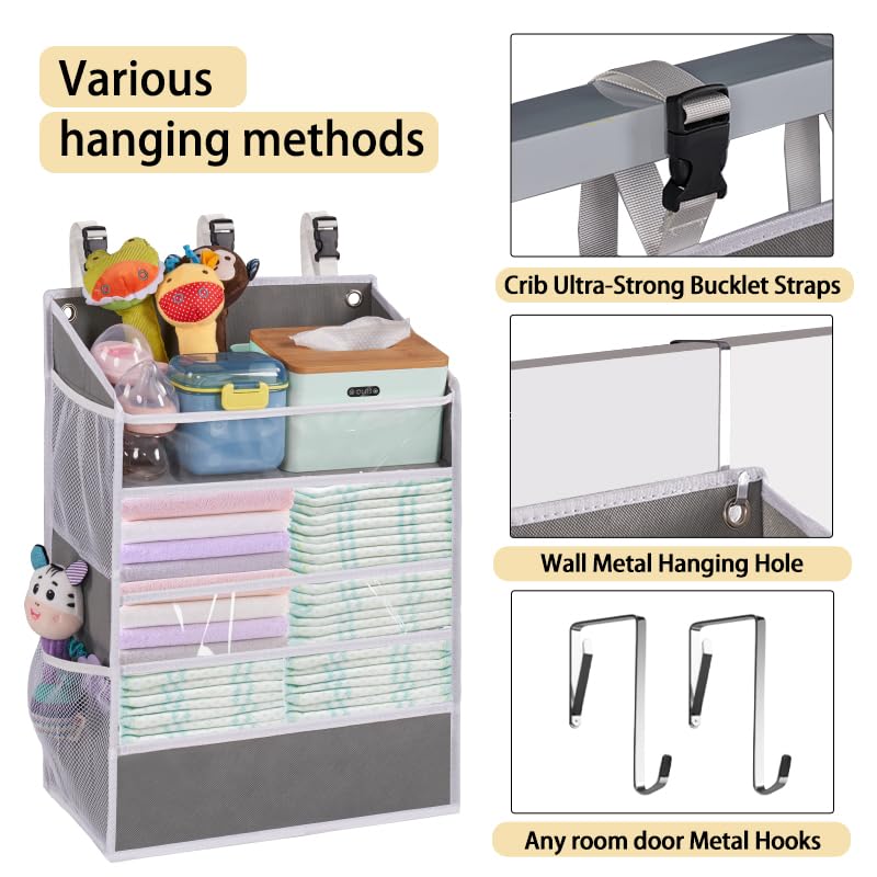 WishJazz XL Hanging Diaper Caddy Organizer for Changing Table, Crib, Playard, Wall & Door, Reinforced Diaper Stacker and Nursery Organizer-Hold 90+Diaper for Newborn Baby Essentials