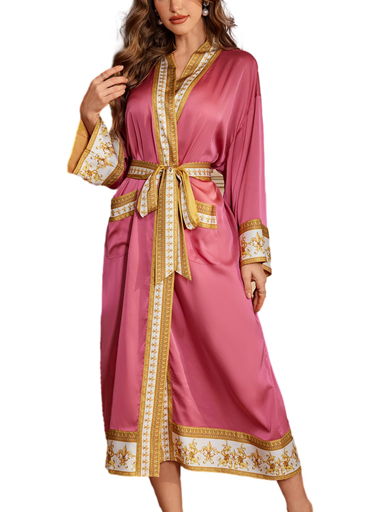 Daiwor Kout Silk Satin Robe for Women Long Kimono Robe Lightweight Summer Trim Bathrobe Luxury House Robes with Pockets Pink