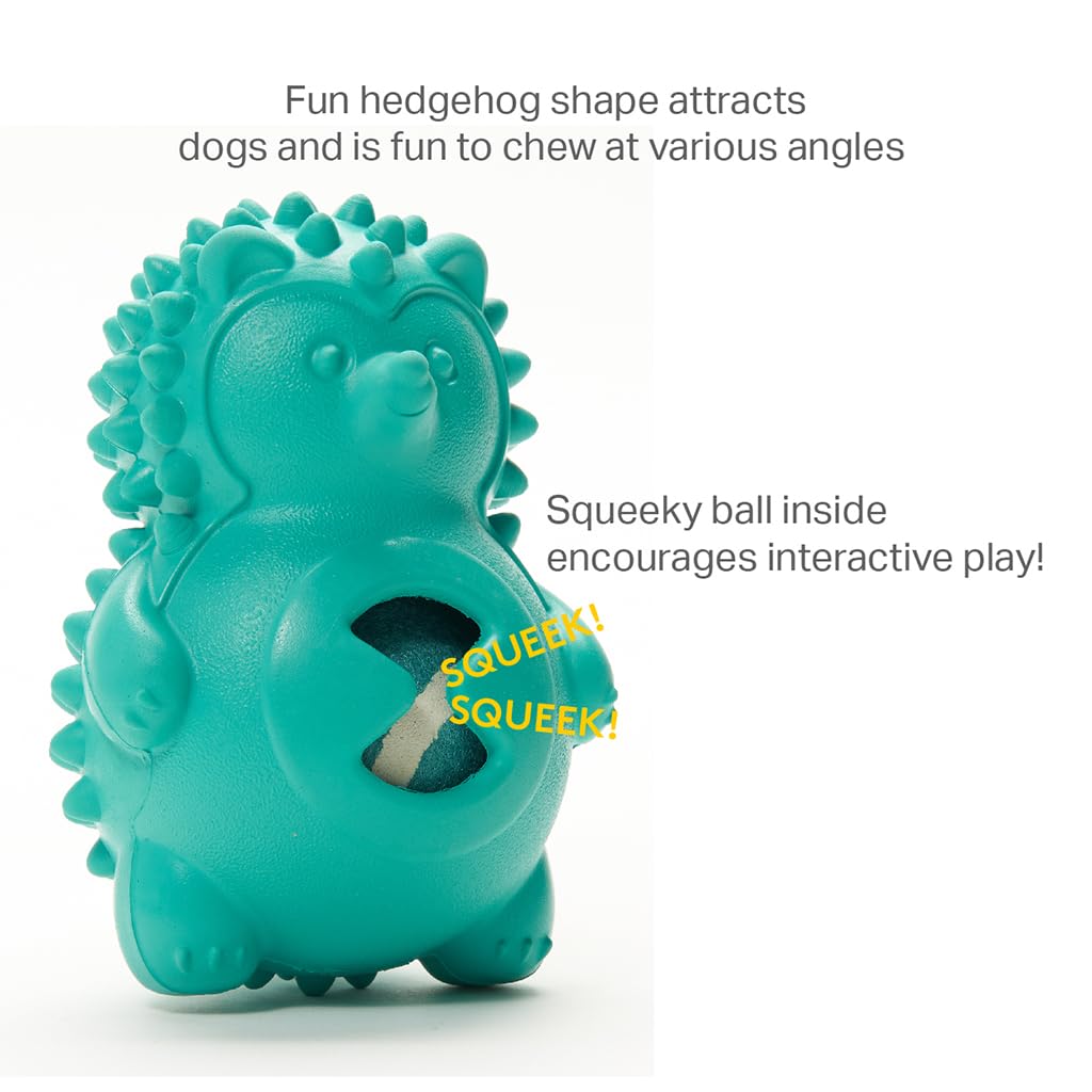 Friends Forever Squeaky Dog Toys with Tennis Ball, Tough Dog Chew Toys, Interactive Puppy Toy with Natural Rubber, Teal Hedgehog