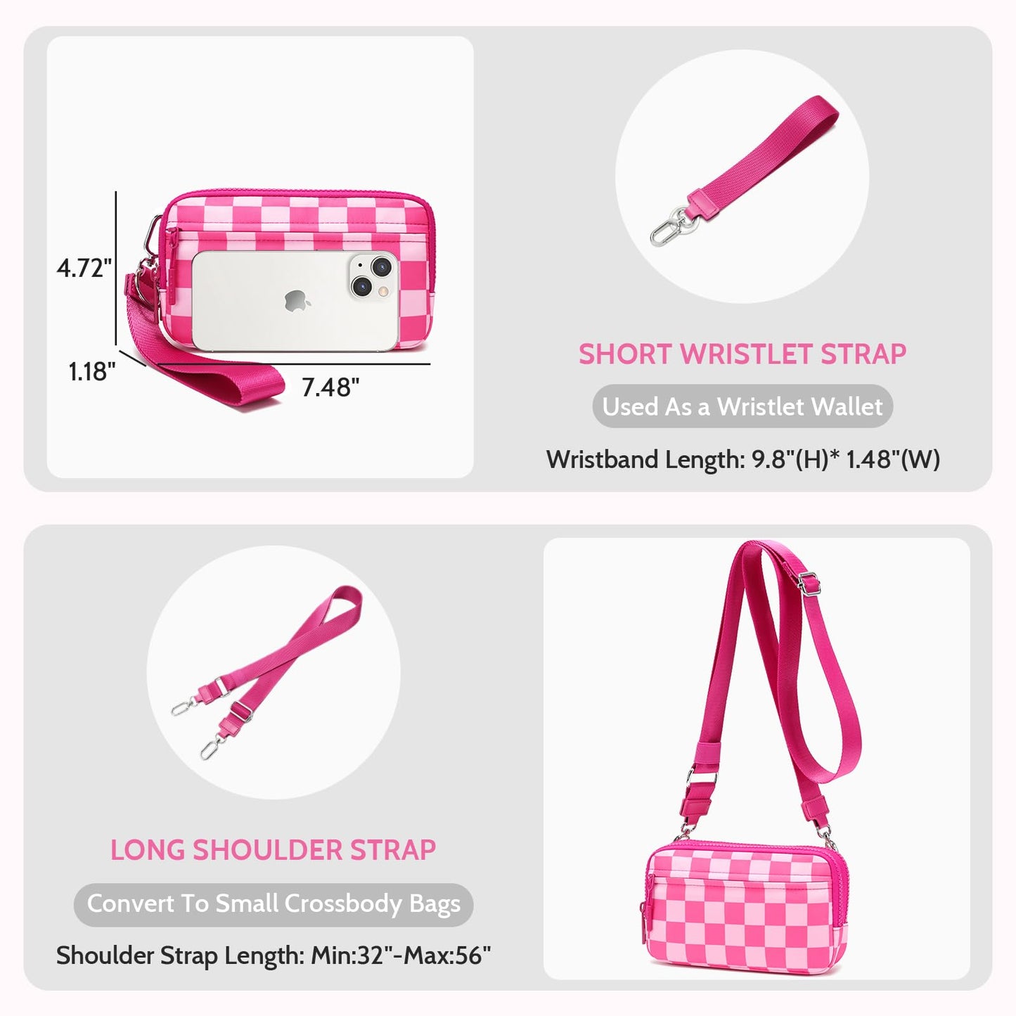 FODOKO Wristlet wallets for women Nylon Quilted Wallet with 4 Zippers,Travel Credit Card,Holder Cell Phone Organizer,coin purse (rose red)