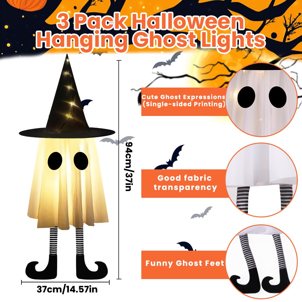 YUJUN 3 Packs Halloween Hanging Ghosts Decorations,Halloween Outdoor Indoor Witch Hat Glowing Ghost Lights Decor for Yard Patio Garden Tree Outside