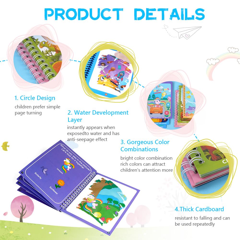 OSDUE Water Coloring Book for Toddler, 6 Pack Water Painting Book for Toddlers, Paint with Water Books, Educational Learning Doodle Toy, Reusable No-Mess Art Book Travel Toys & Xmas Gift for Kids