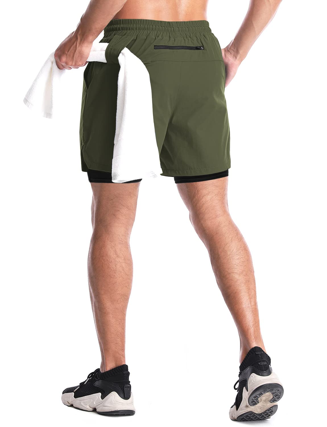 Aolesy Men’s 2 in 1 Running Shorts 5 Inch Workout Gym Athletic Shorts for Men Quick Dry Lightweight Training Shorts with Pockets Olive Green