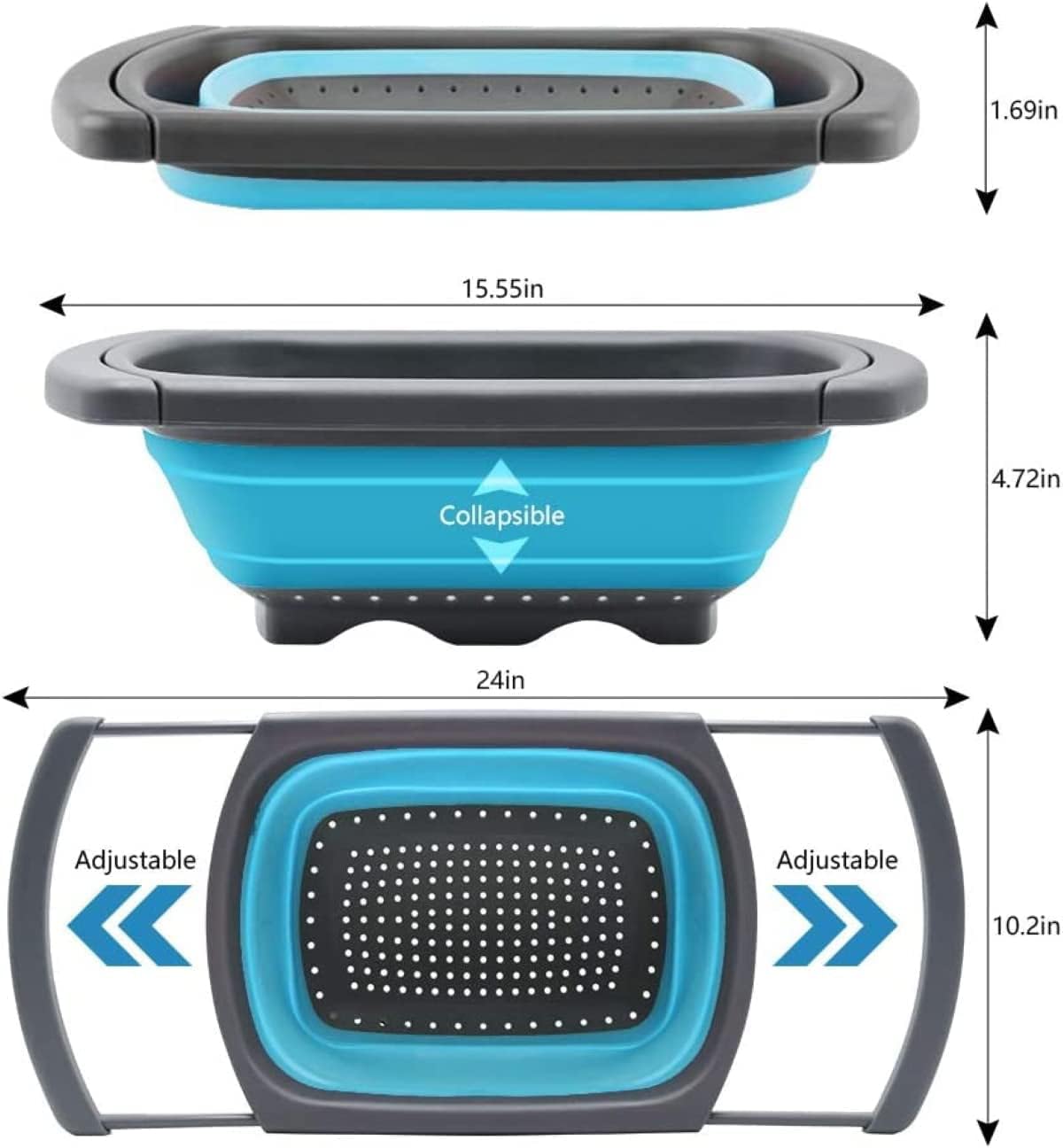 Collapsible Colander Strainer with Extendable Handles - Over the Sink Vegetable/Fruit Colanders Strainers for Kitchen, Capacity of 6 quart (Blue)