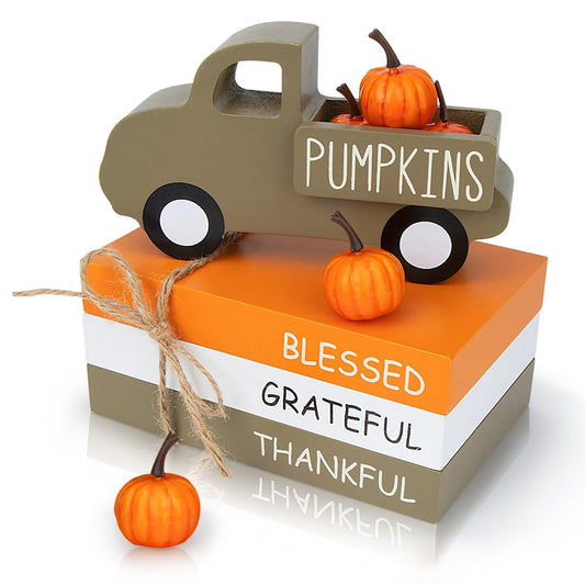 AKEROCK Fall Table Decor, Farmhouse Wooden Fall Signs with Book Stack, 3D Truck and 5 Individual Pumpkins for Tiered Tray, Coffee Bar, Shelf and Mantle Decor - Fall Decorations for Home