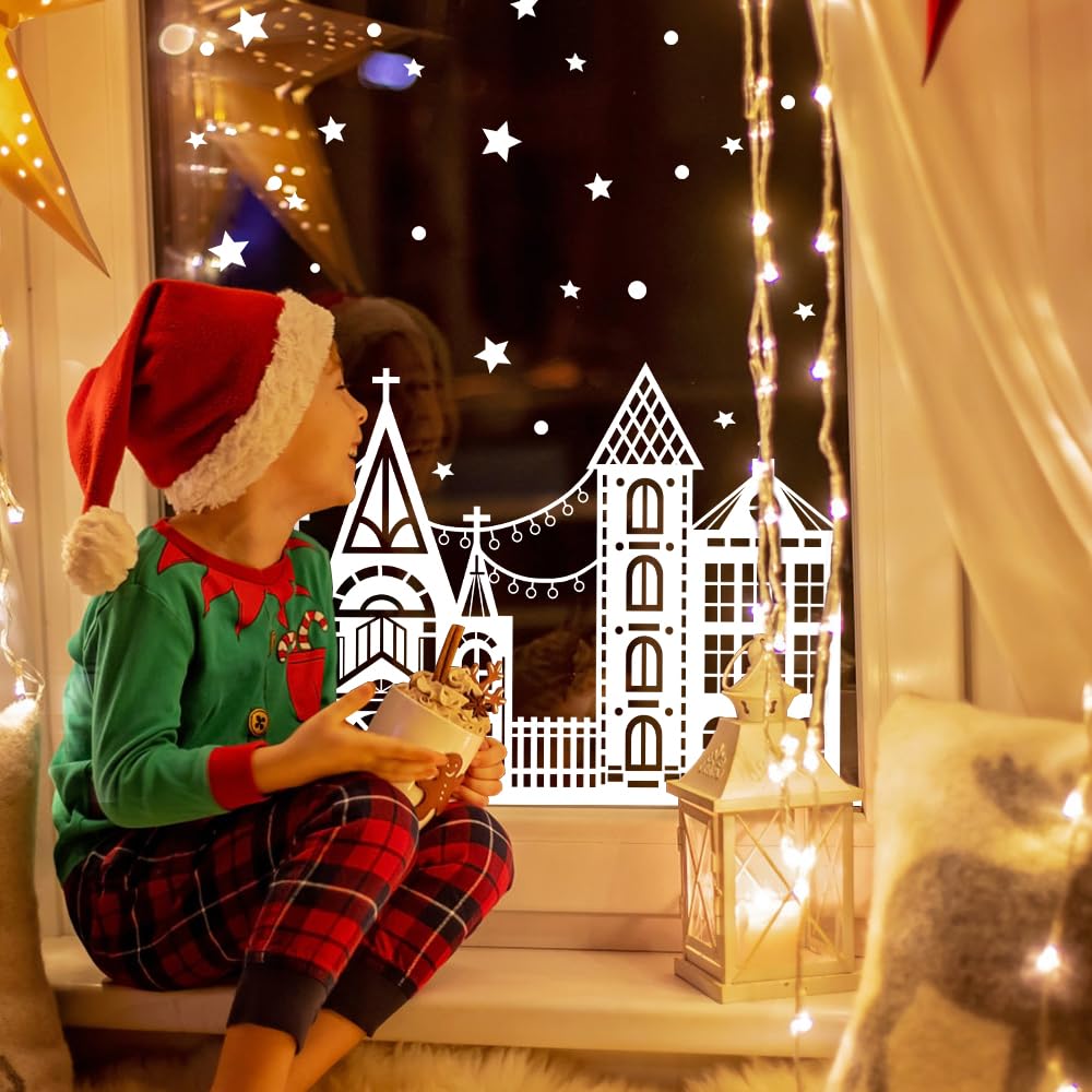 Vellibring 72" Christmas Window Clings - Winter House Decals, Simple Style Reusable Non-Adhesive Street Scene Border Stickers for Home, Cafe, Mall Glass Door, Christmas Decor