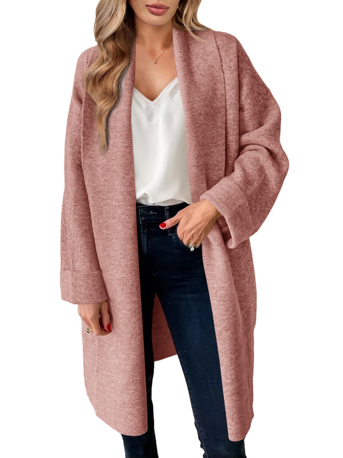 Saodimallsu Womens Long Cardigan Sweaters Chunky Open Front Oversized Slouchy Knit Fall Trendy Coatigan Jackets Pink