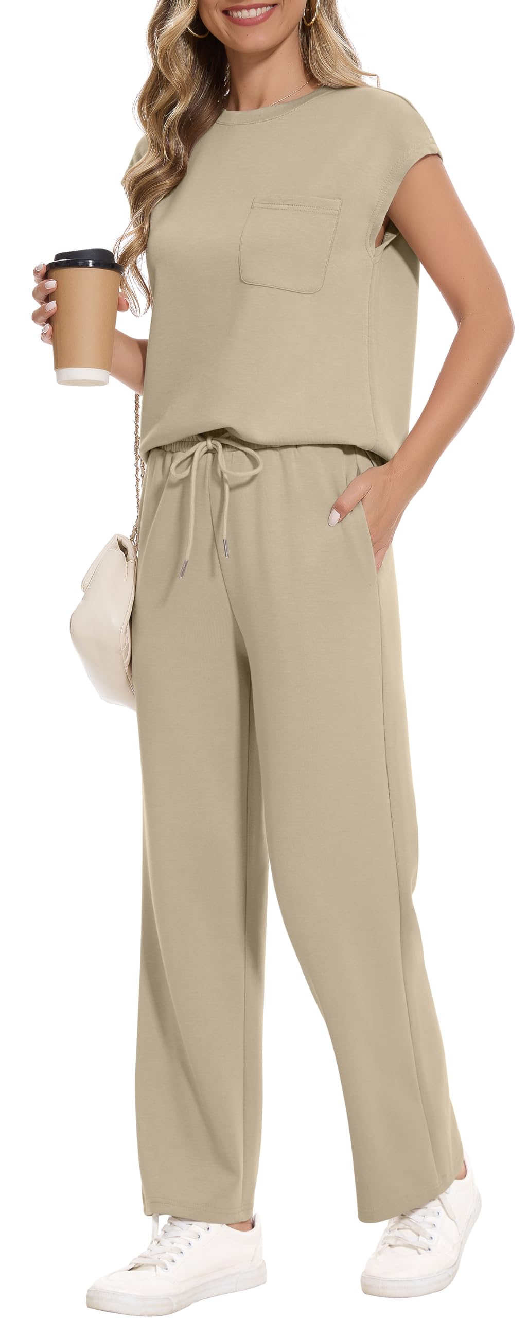 RUBZOOF Lounge Sets for Women 2 Piece Casual Summer Outfits Vacation Traval Clothes Loose Fit Cap Sleeve Tops Matching Pants Set Athletic Workout Sweat Suits Khaki M