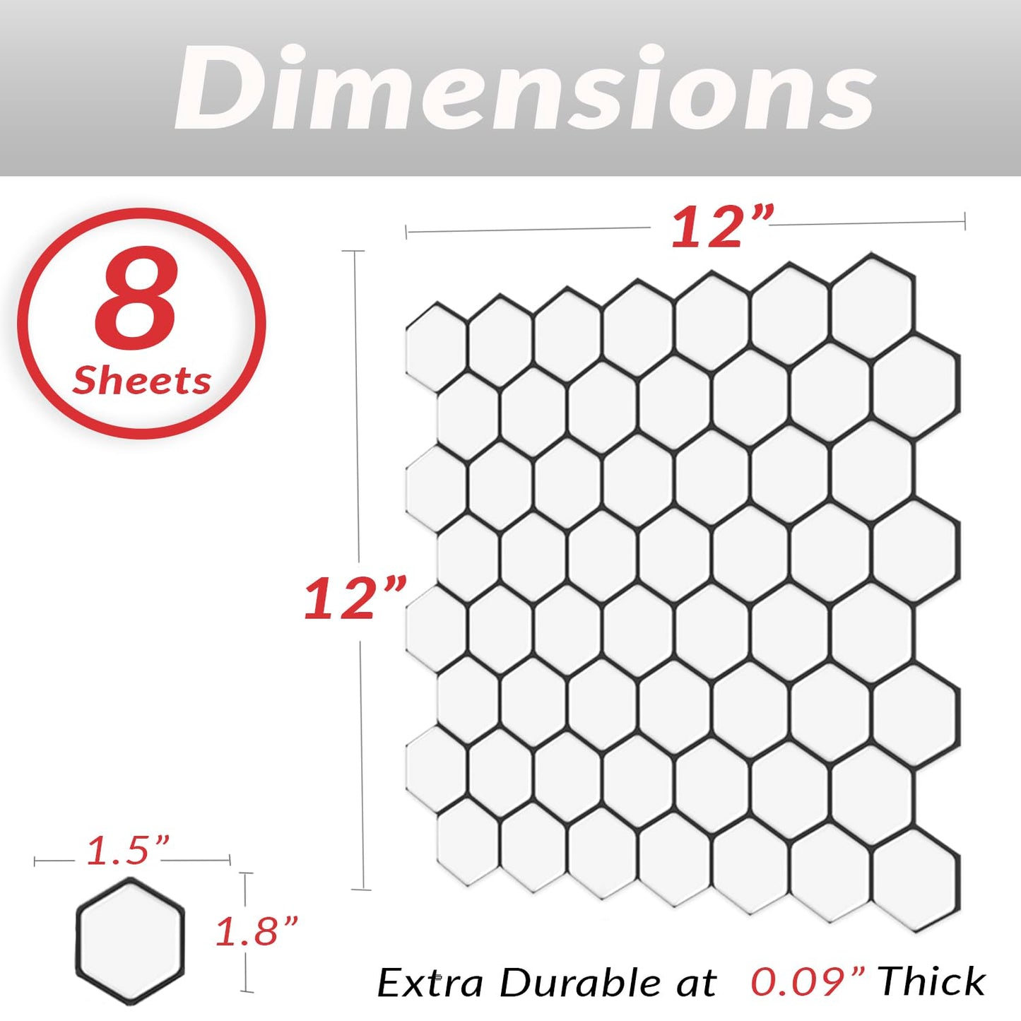 DÉCOR WOW Peel & Stick Backsplash for Kitchen & Bathroom, (8) 12x12-inch Sheets Covers 8 Sq. Ft, White Hexagon