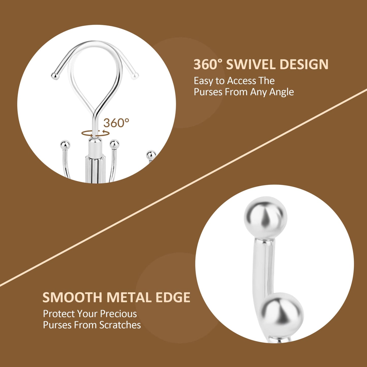 ZEDODIER Purse Hanger Organizer for Closet, Rotatable Sturdy Purses Holder Holds 8 Bags, Metal Space Saving Closet Organizers and Storage, Silver