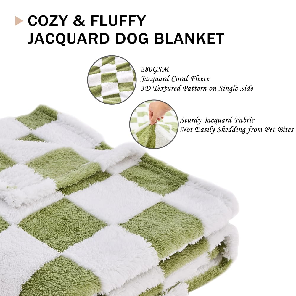 Qeils Jacquard Dog Blankets for Large Dogs, Cozy Calming Cat Blankets Washable, 280GSM Coral Fleece Plush Fluffy Throw Blanket, Sage Green Checkered, 30x40IN