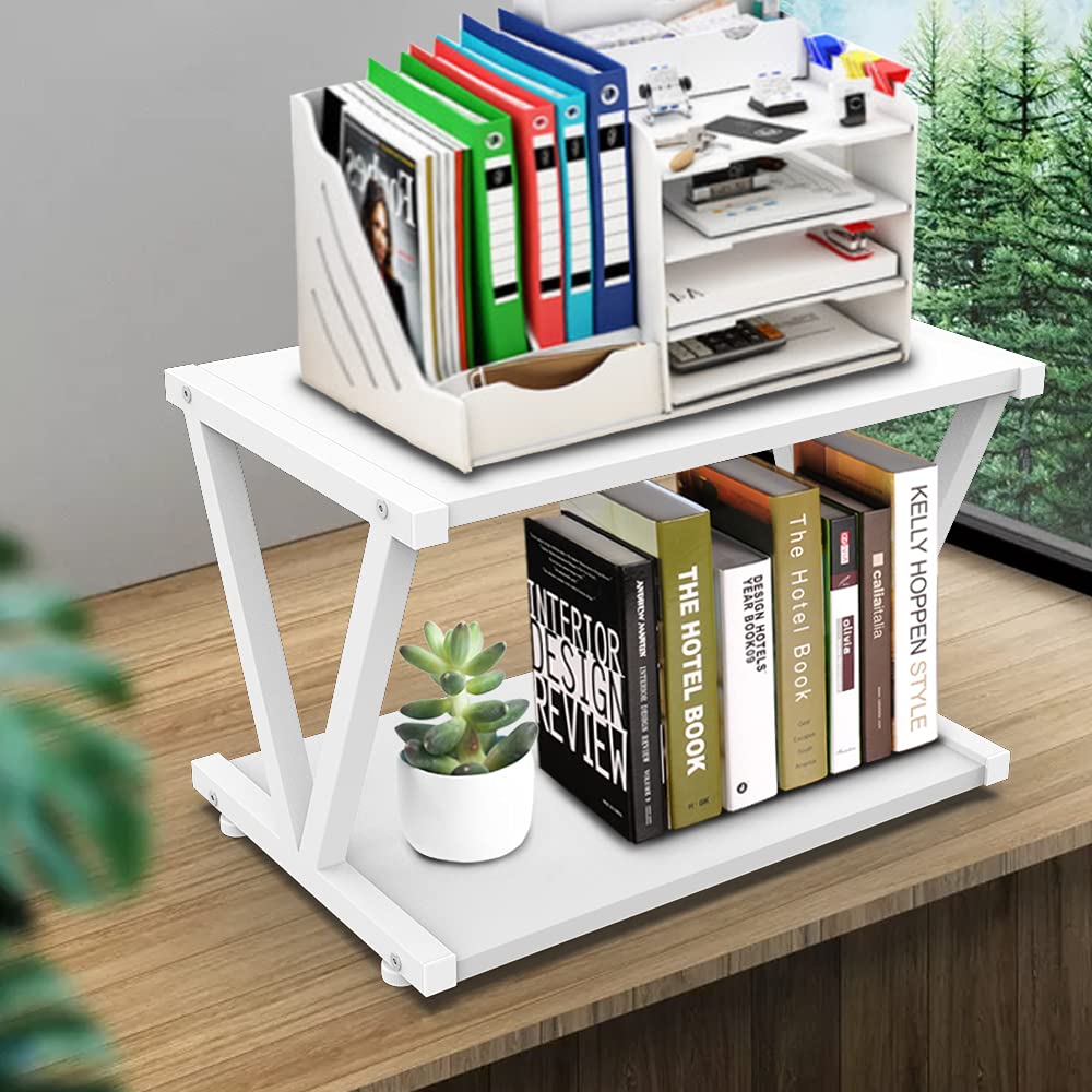 VEDECASA Retro Desktop Printer Stand 2 Double Tiers Wood Printer Shelf Modern White Wood Storage Book Shelf Organizor for Home Office Stylish Sturdy V Shaped (White)