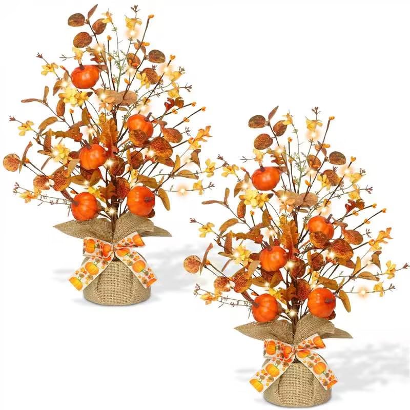 2 Pack & Timer - TURNMEON Lighted Fall Tree Tabletop Fall Decor with 30 LED Battery Operated Artificial Eucalyptus Tree Pumpkins Floral Berries Burlap Base Fall Thanksgiving Decorations Home Indoor