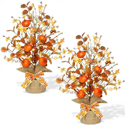 2 Pack & Timer - TURNMEON Lighted Fall Tree Tabletop Fall Decor with 30 LED Battery Operated Artificial Eucalyptus Tree Pumpkins Floral Berries Burlap Base Fall Thanksgiving Decorations Home Indoor