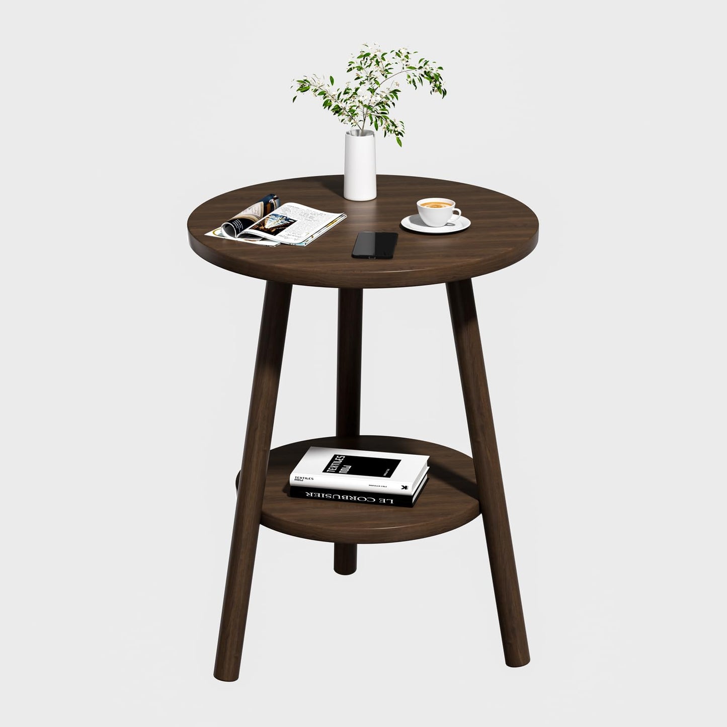 OERGKE Round End Table, Small Side Tables with Lower Shelf, Coffee Table, Bedside Table, Mid Century Modern Nightstand for Living Room, Bedroom, Corners and Office (Walnut)