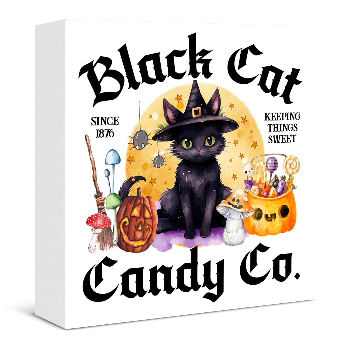 Halloween Sign Decor Black Cat Candy Co Wooden Box Sign Halloween Home Kitchen Living Room Decor