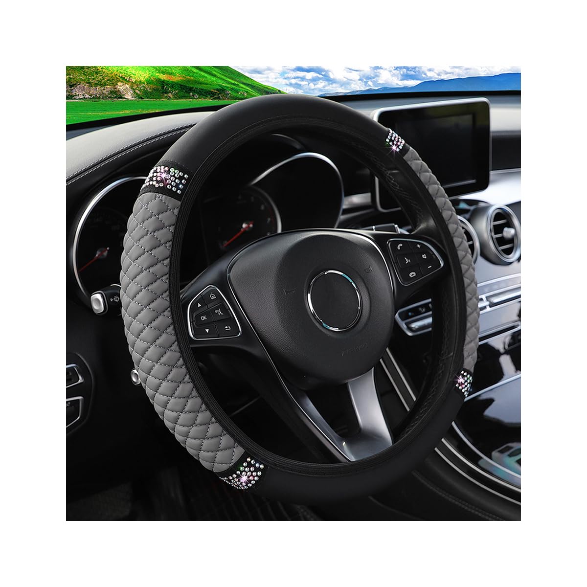 Bling Car Steering Wheel Cover, 15 Inch Rhinestones Soft Leather Elastic Steering Wheel Protector, Sparkly Crystal Diamond for Women Girls, Car Interior Accessories for Most Cars (Black)