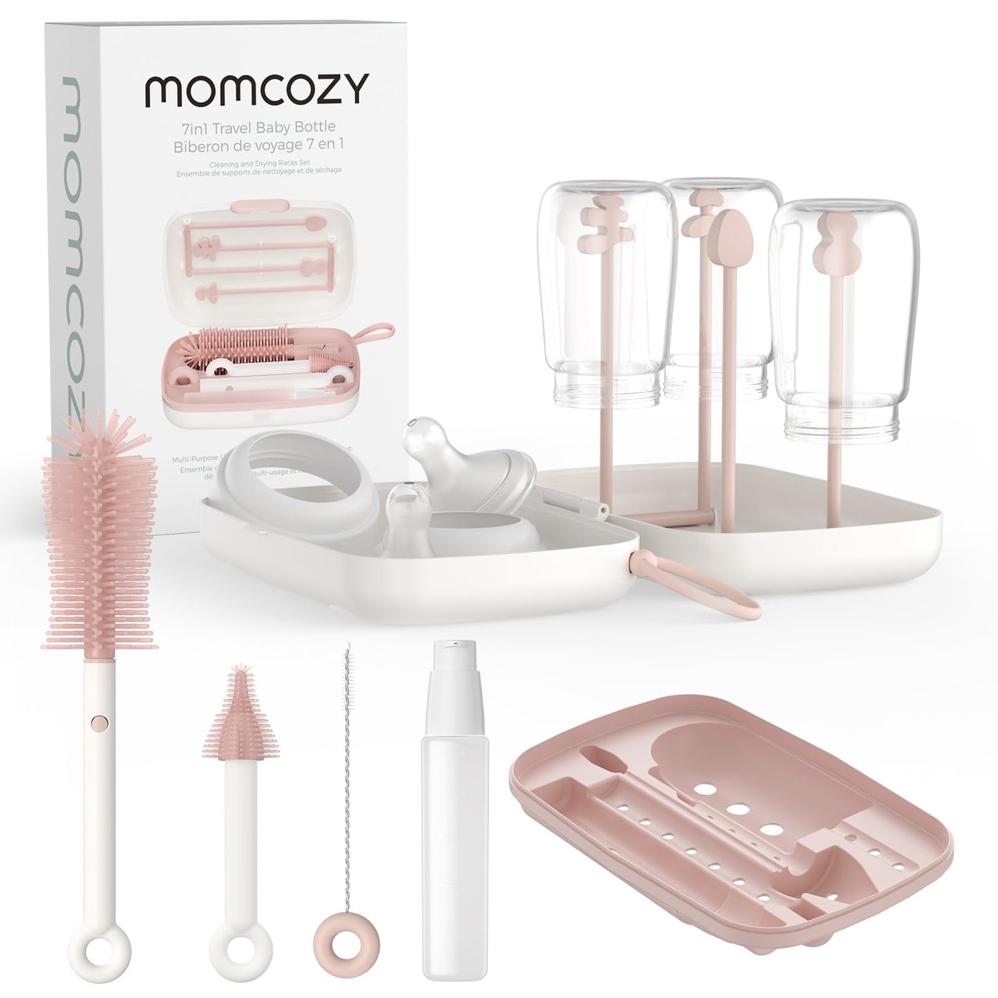 Momcozy Bottle Brush Set - Baby Bottle Cleaner Kit with Silicone Brush, Nipple Brush, Straw Brush, Soap Dispenser, Drying Rack - 7 in 1 Bottle Cleaning Tool for Home and Travel