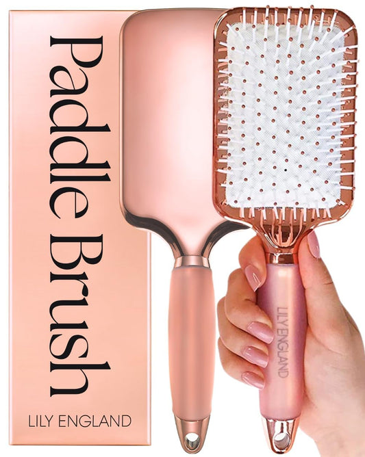 Lily England Paddle Hair Brush for Women with All Hair Types - Professional Hairbrush for Blow Drying, Detangling & Straightening - Smooth Brush with Gel Handle for Easy Grip, Rose Gold-White