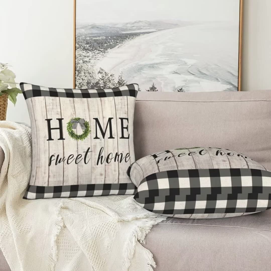 Sunshineyan Spring Pillow Cover 20x20 Set of 2, Rustic Buffalo Plaids Wood Home Sweet Home Throw Pillow Covers Spring Wreath Farmhouse Decorative Linen Cushion Cases for Home Sofa Outdoor Decor