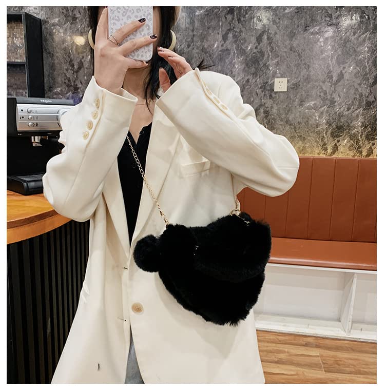 Rejolly Heart Shaped Purse for Women Fluffy Furry Bag for Girls Faux Fur Fuzzy Handbag Soft Small Valentine's Day Shoulder Bag with Chain Strap Black